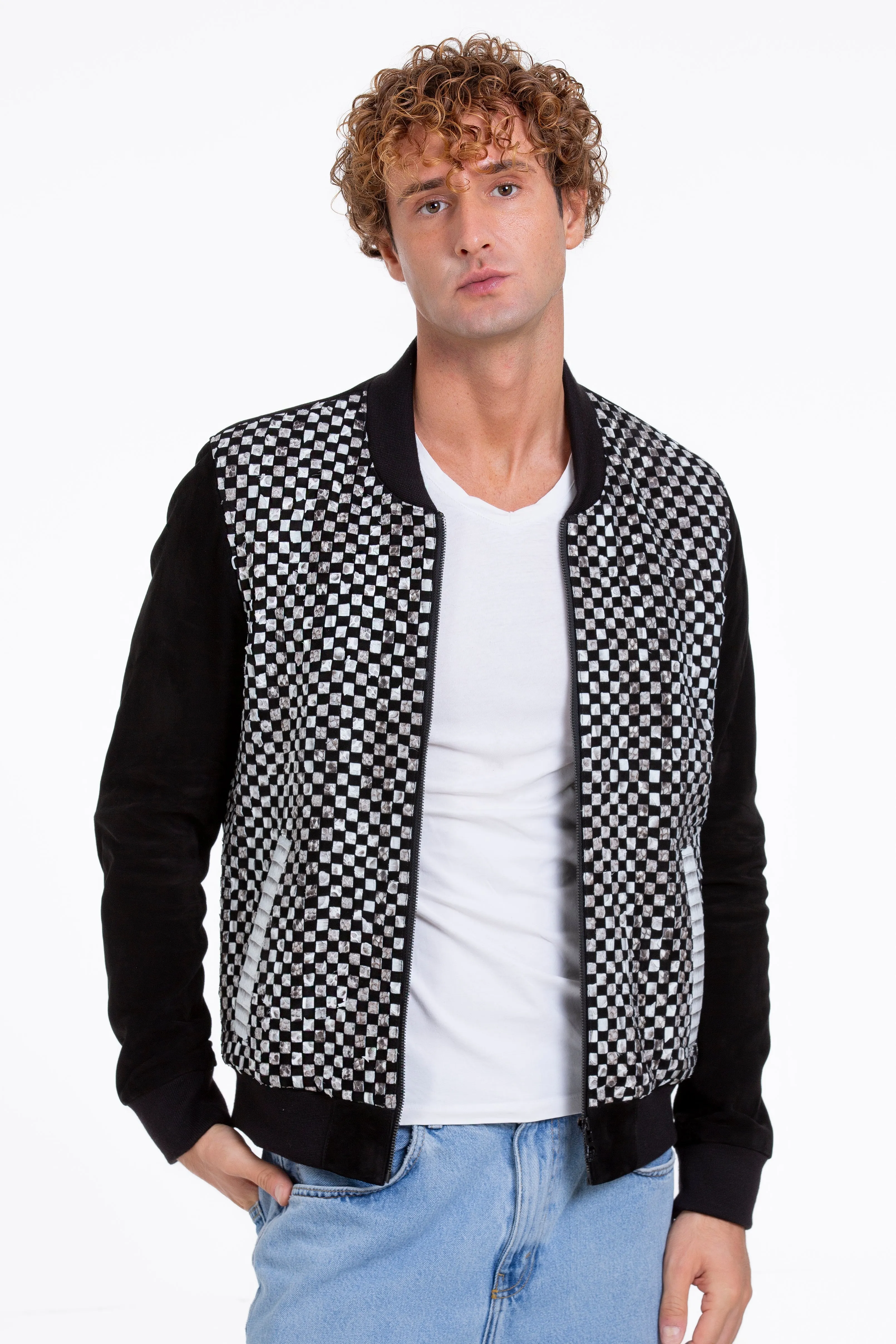 The Bedford Pythn Skin Handwoven Suede Leather Black Men Jacket