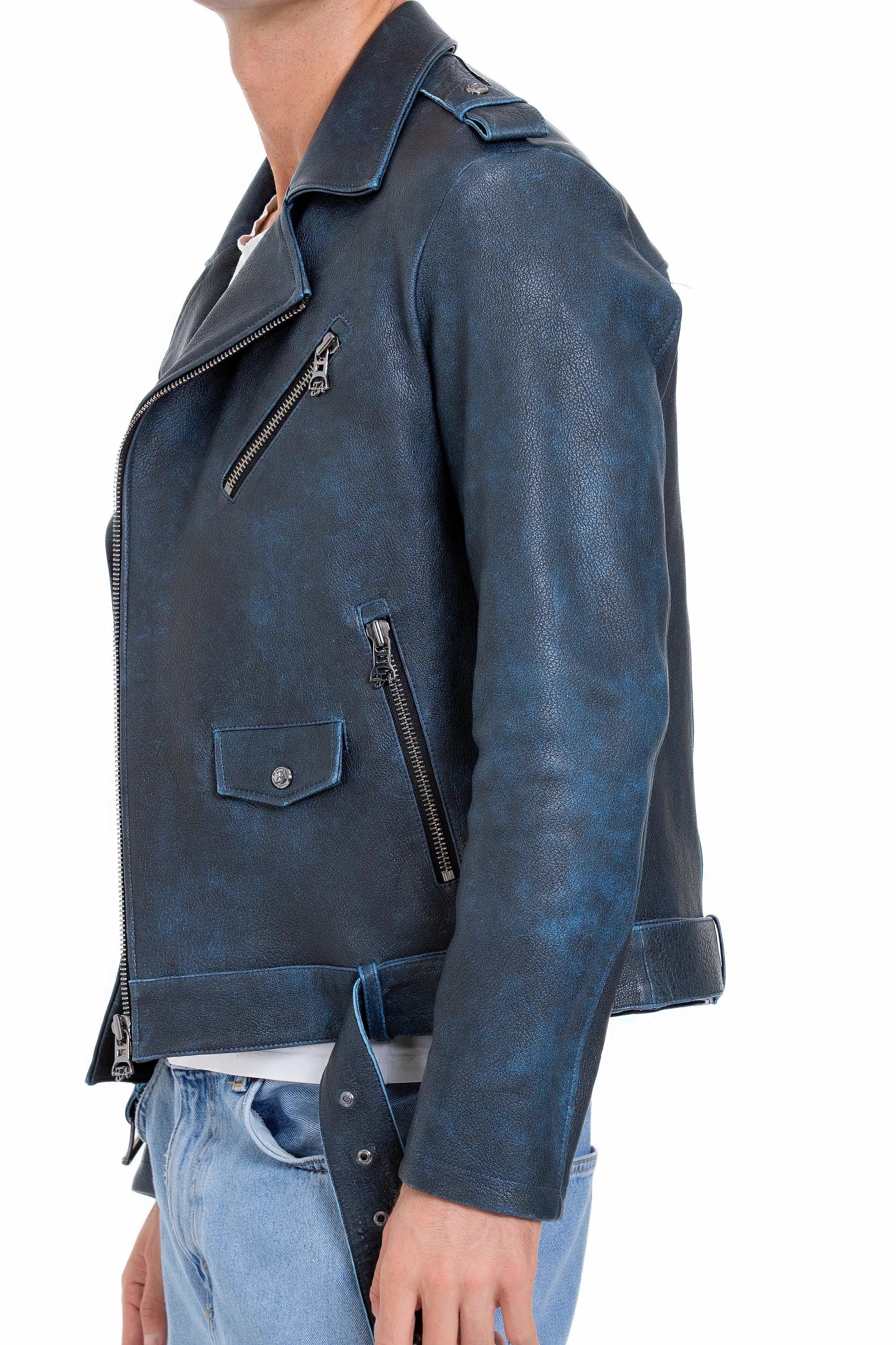 The Shanghai Blue Aged Leather Biker Men Jacket