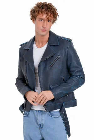 The Shanghai Blue Aged Leather Biker Men Jacket