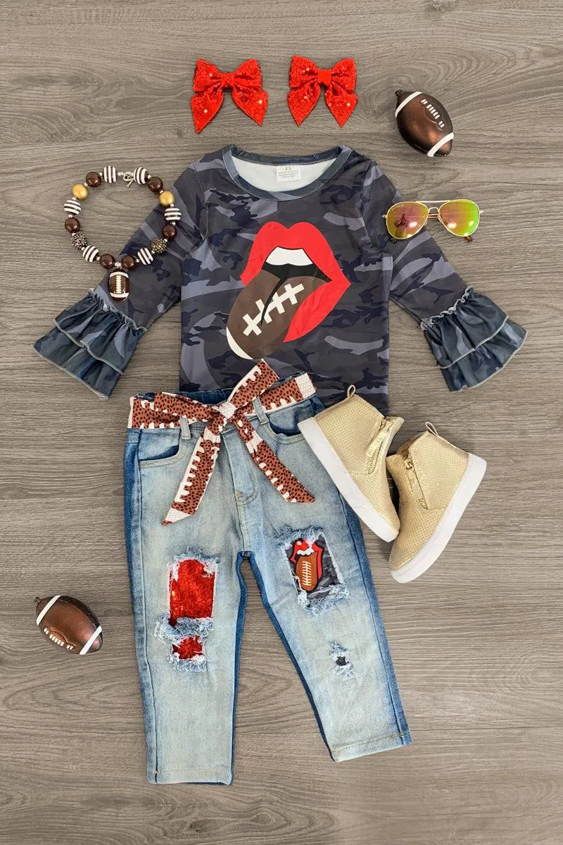 Vintage Lips Football Sequin Distressed Denim Set