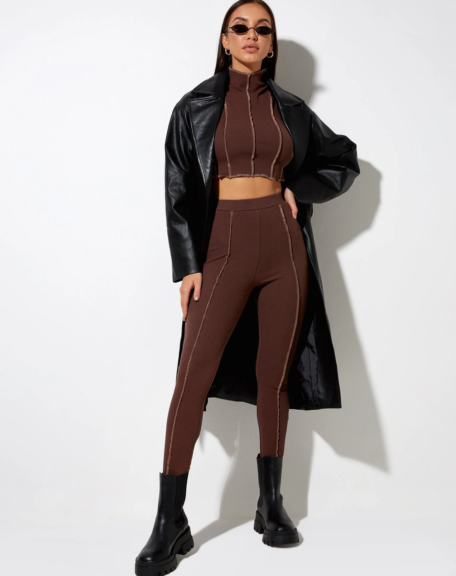 Xario Legging in Deep Mahogany with Lighter Brown Stitch