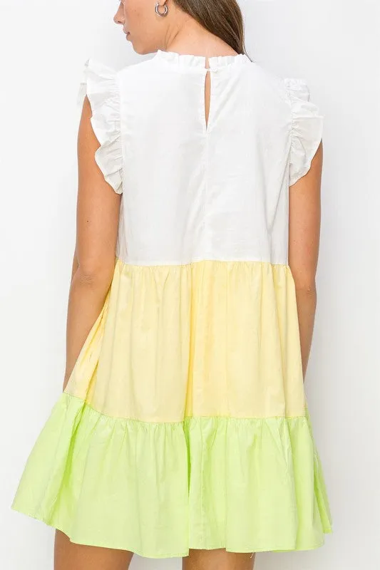 Yellow Multi Poplin Color Block Mini Dress