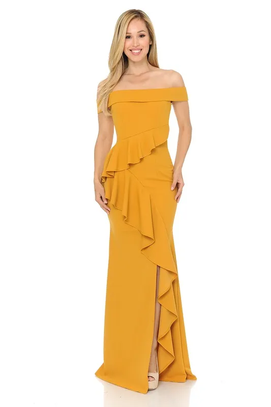 Yellow Off Shoulder Ruffled Bodycon Dress With Thigh Slit