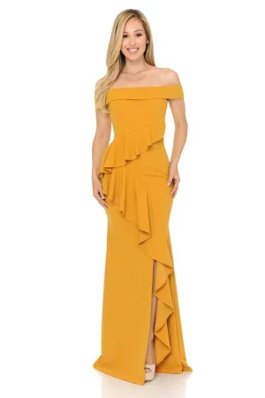 Yellow Off Shoulder Ruffled Bodycon Dress With Thigh Slit